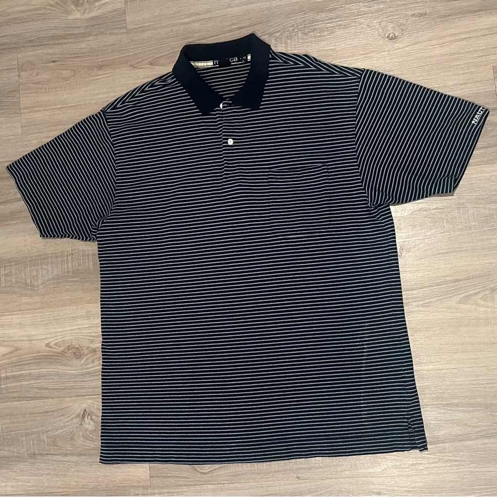 Vintage Nautica Striped Chest Pocket Polo Shirt Navy / Blue / White